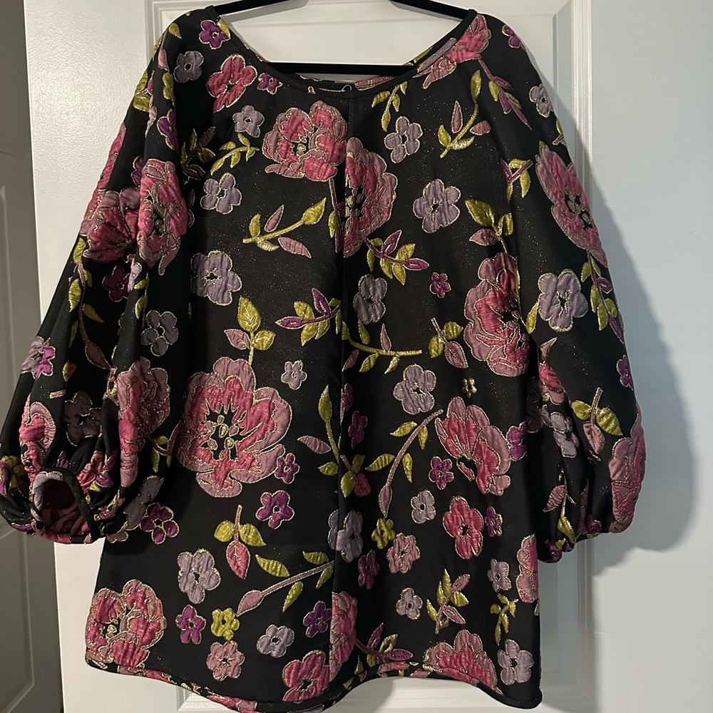Arianne Black Mini Dress with Pink and Green Floral Embroidery